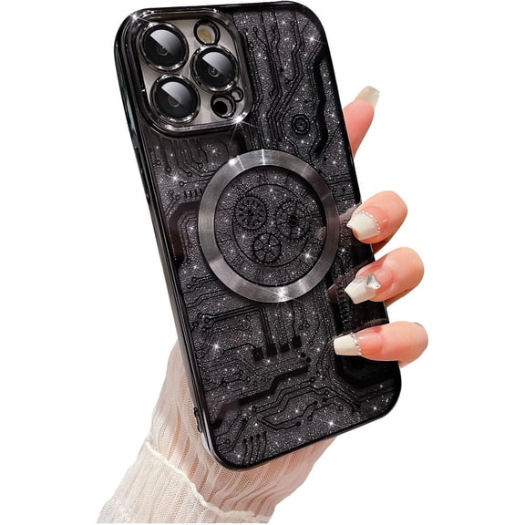 for iPhone 14 Pro Max Phone Case Glitter, Compatible with Magsafe Magnetic Cases, Transparent Luxurly Plated Sparkly Design, Soft Shockproof Camera Lens Protective Back Cover, Black