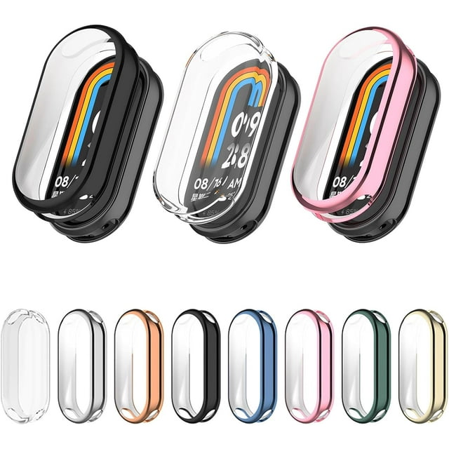 KOMI 3 Pack Compatible with Mi Band 8 Screen Protector Case, 3D Curved Soft TPU Protective Film Cover Full Coverage HD Anti-Scratch Guard Bumper Frame Black+Clear+Pink