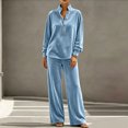 thumbnail image 6 of Szluipve Women Velvet 2 Piece Outfits Stand Collar Henley Button Long Sleeve Top & Elastic Waist Wide Leg Pants Casual Loungewear Matching Set Light Blue L, 6 of 6