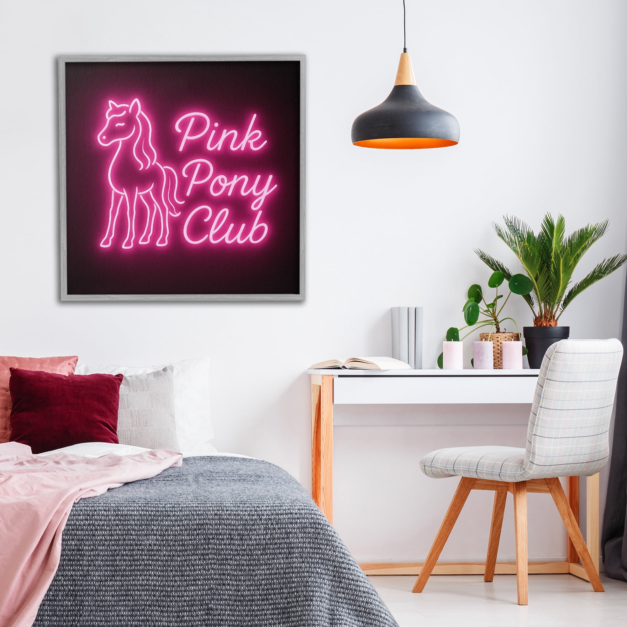 Stupell Industries Pink Pony Club Neon Gray Framed Giclee Art, design by Grotto Studios