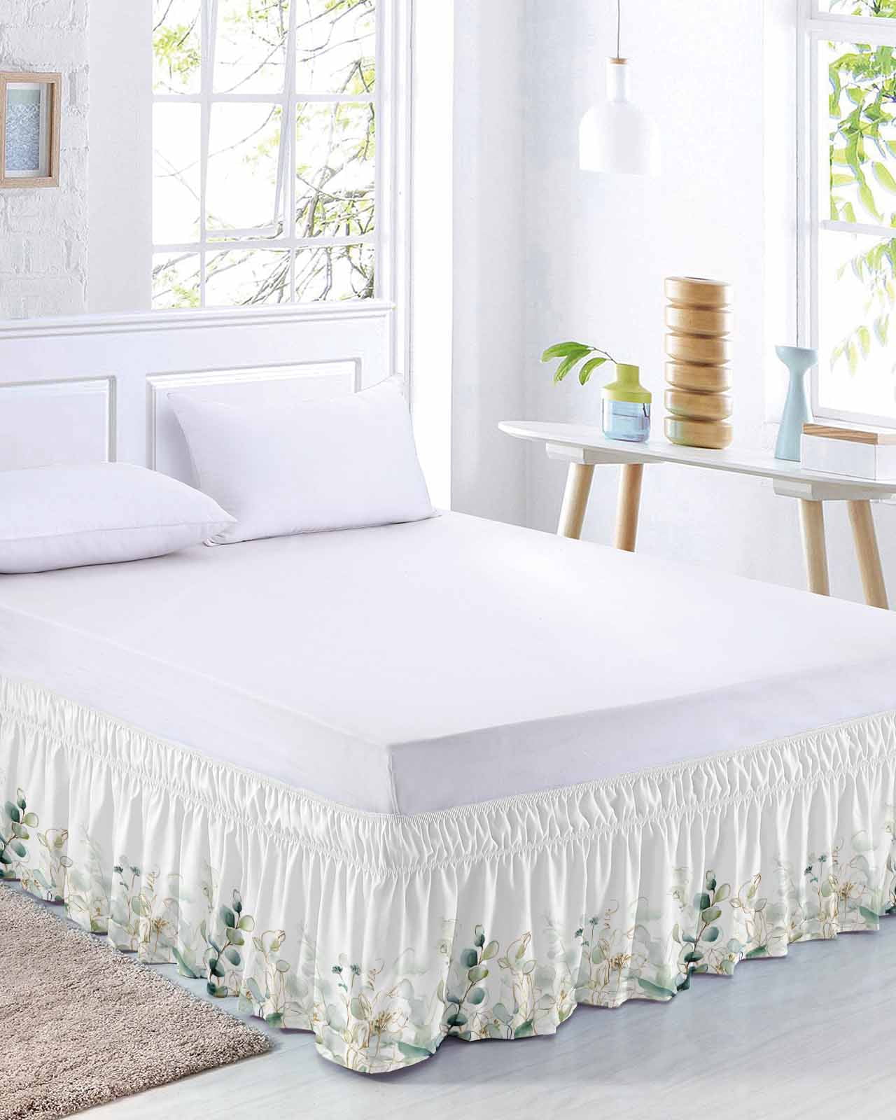 Watercolor Green Leaf Bed Skirt Queen Size 18 Inch Drop, Eucalyptus Leaves Abstract Art Adjustable Elastic Dust Ruffles Bedskirt for Queen Bed Wrap Around Pleated Mattress Frame Cover