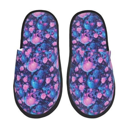 Balery Blue Skull Rose Slient Indoor Furry Fleece Comfort House Shoes Soft Non-Slip Home Shoes Cotton slippers House Slippers-- Large