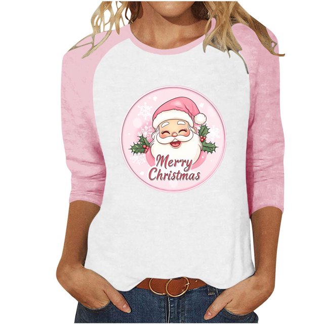 LckLvx Chandails de Noël pour Femmes Col Rond Manches 3/4 Raglan Hauts Mignons Graphiques Décontractés T-Shirts