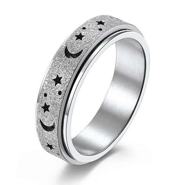 Anillo giratorio de acero inoxidable con forma de luna y estrella hueca esmerilada, anillo antiestrés de acero de titanio para mujer, joyería