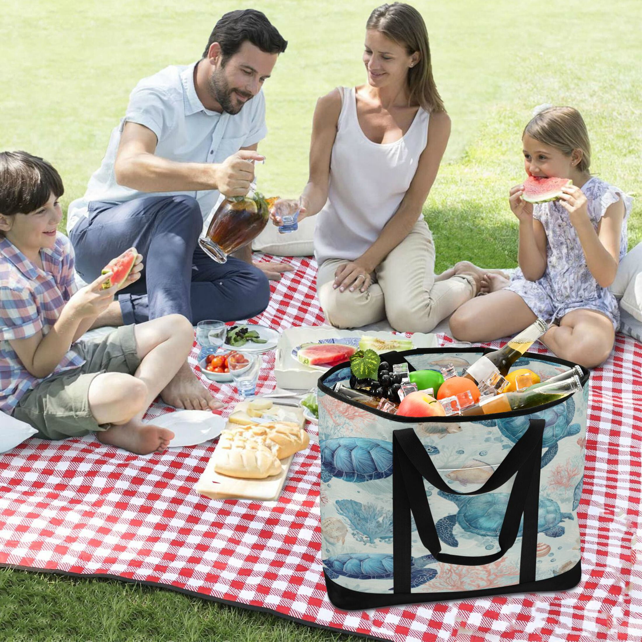 Extra-Large Wide Opening Design Capacity Hand-Held Ice Pack Thickened Insulation Layer For Long-Lasting Cold Retention For Outdoor Shopping Picnics And Camping Deep Green Sea Turtles