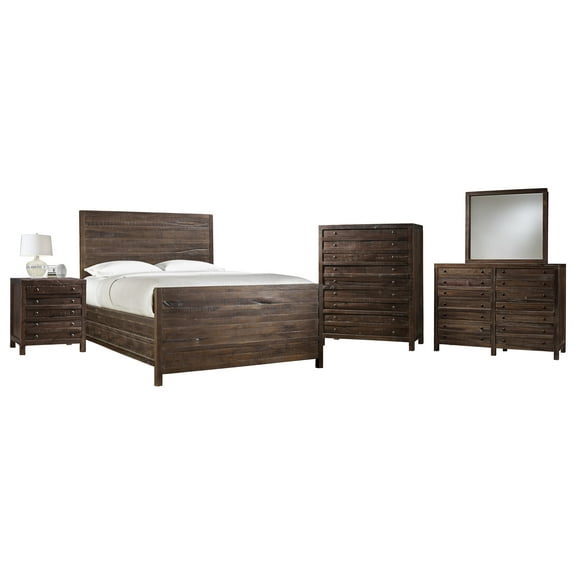 Tempton 5PC E King Platform Bed, Nightstand, Dresser, Mirror & Chest Set in Coffee Brown