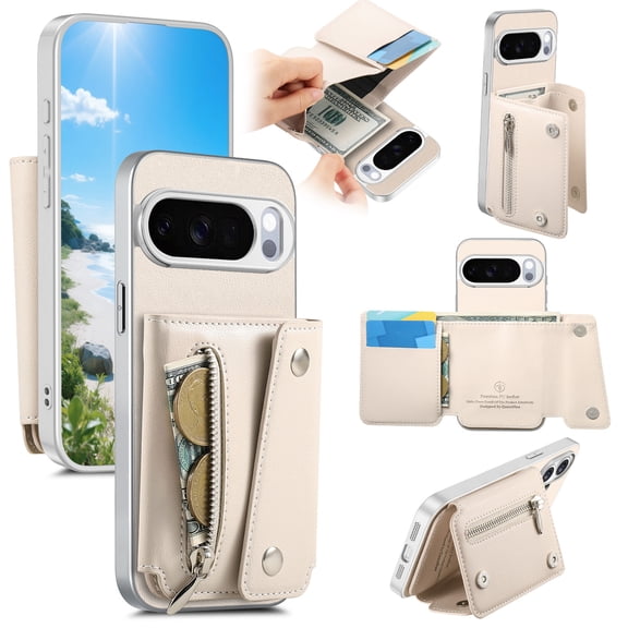 Decase Wallet Case for Google Pixel 10 /10 Pro with Zipper Pocket Card Slots Cash Holder Magnetic Kickstand PU Leather Cover, Beige