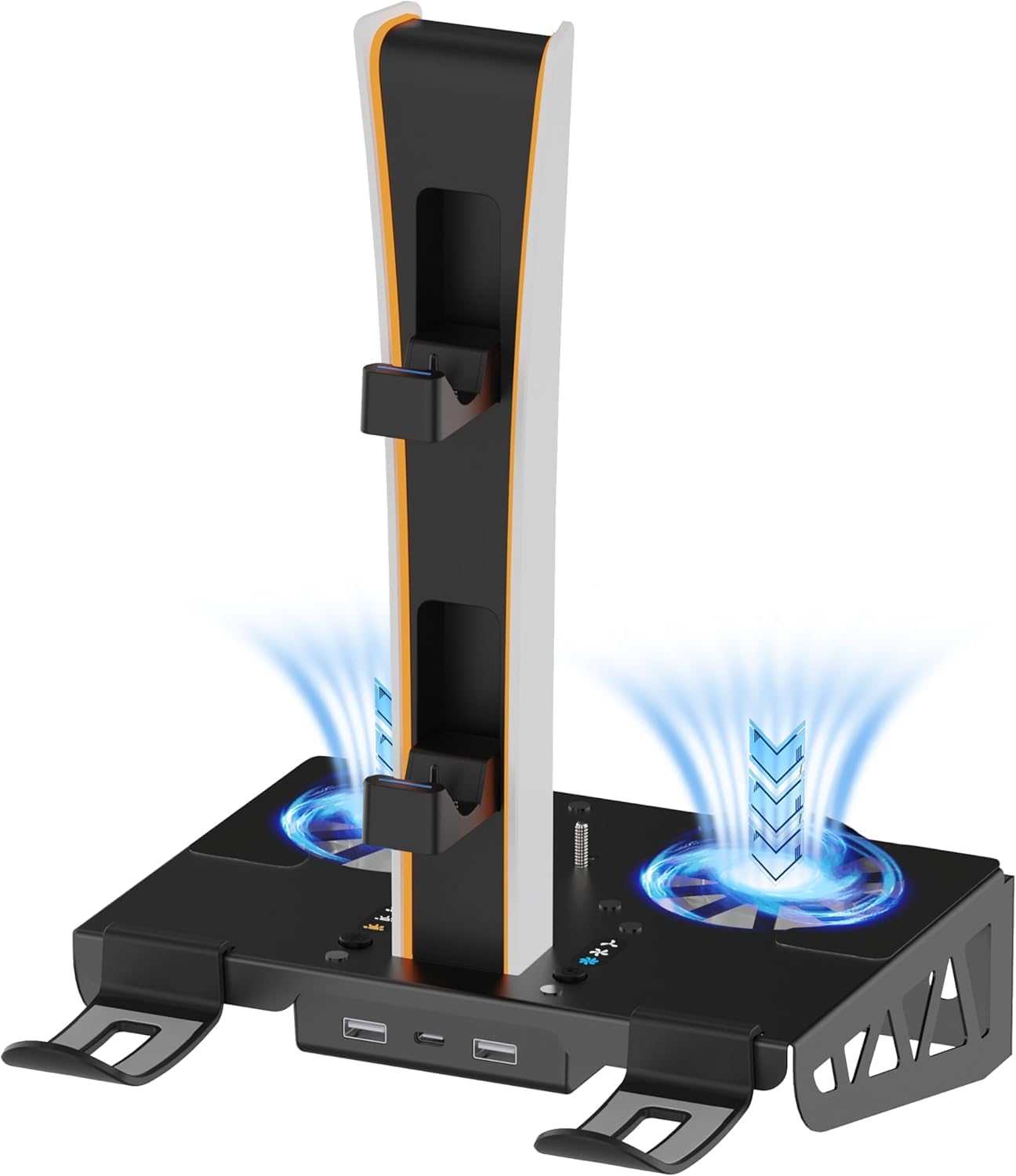 Soporte de pared para PS5/PS5 Slim/PS5 Pro, kit de accesorios con ventilador de enfriamiento y estación de carga, soporte flotante para consolas con disco y digital, montaje detrás del TV 7