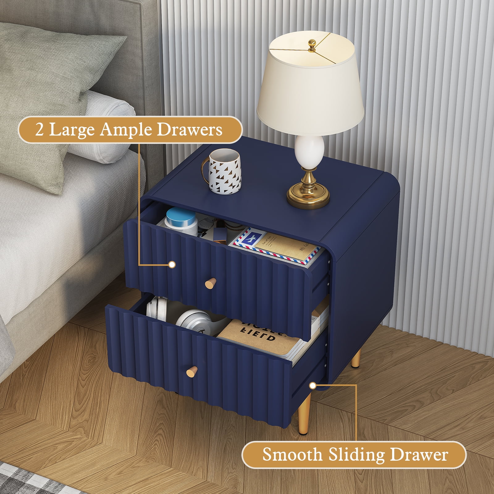 HLR Modern Fluted Wood Nightstand with 2 Drawers, Bedroom Blue Bed SideTable with Storage
