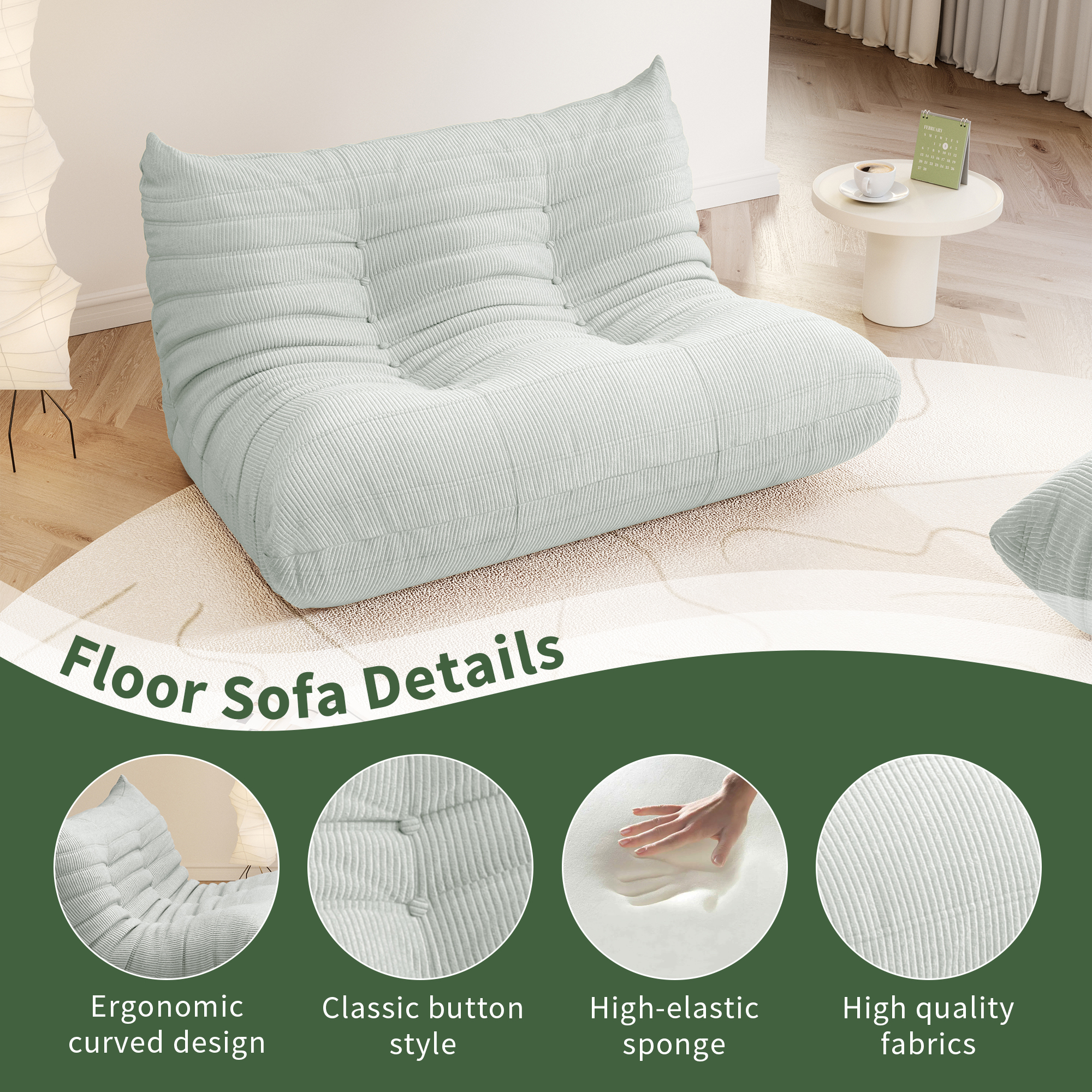 Gtilzria Lazy Sofa Comfortable Bean Bag Chair for Adults Floor Couch for Living Room, Bedroom, Corduroy, Green