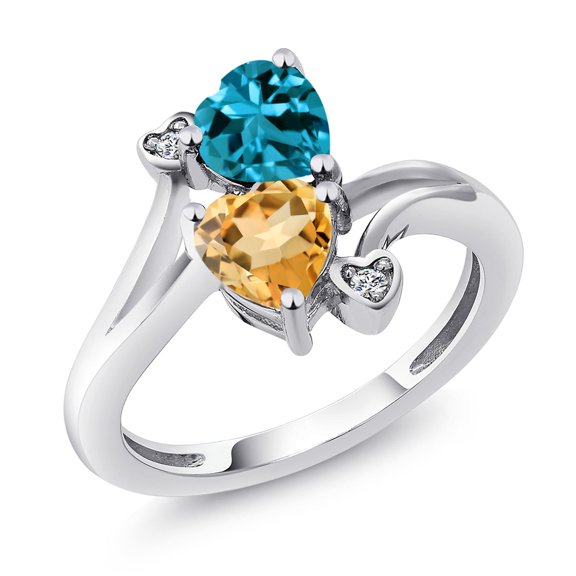Gem Stone King 925 Sterling Silver London Blue Topaz Yellow Citrine and White Diamond Ring for Women (1.63 Cttw, Heart Shape 6MM, Gemstone November Birthstone, Size 8)