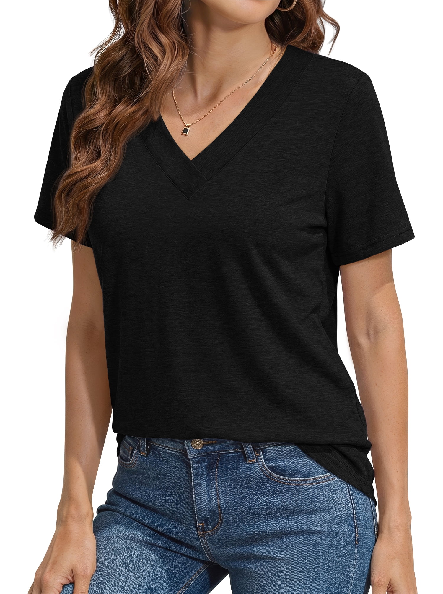 MOSHU Deep V Neck Womens Tops Curved Hem Shirts for Women Fashion Trendy Blouses Casual Loose Fit Tees Tops