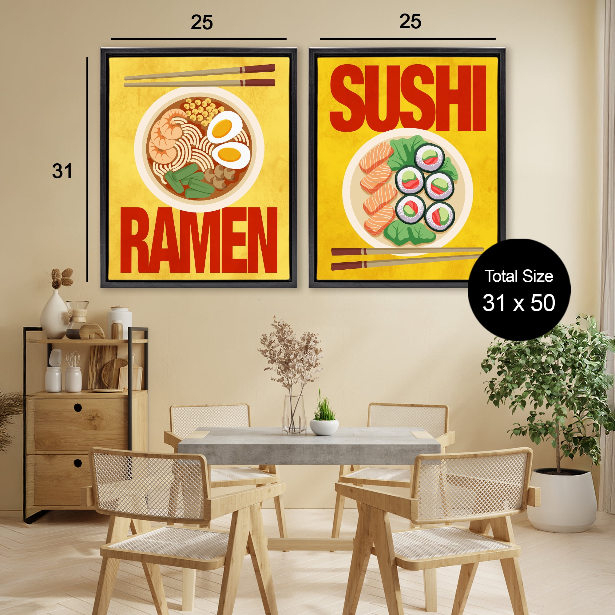 Stupell Industries Ramen & Sushi Japanese Cuisine 2 Piece Black Framed Floater Canvas Set, design by Marcus Prime
