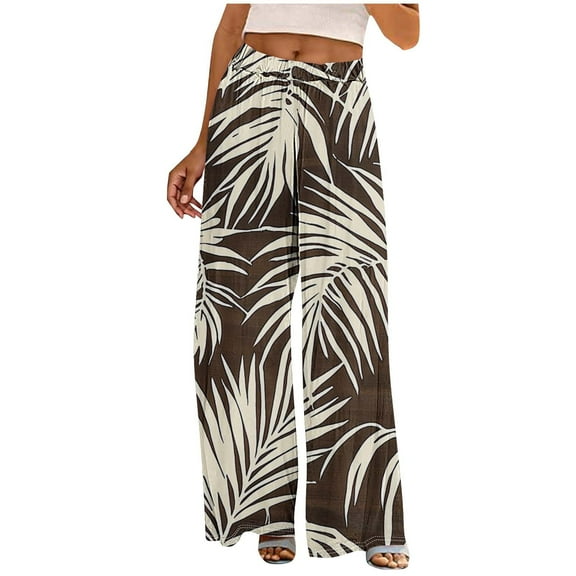 Yghzkop Women's Printed Palazzo Pants Floral Elastic Waist Lightweight Trousers Side Pockets Flowy Wide Leg Boho Beach Casual Lounge