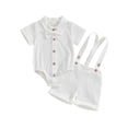 thumbnail image 1 of Conjunto de 3 piezas para bebé niño: traje de caballero, color liso, manga corta, cuello con solapa, shorts con tirantes y pajarita., 1 of 9