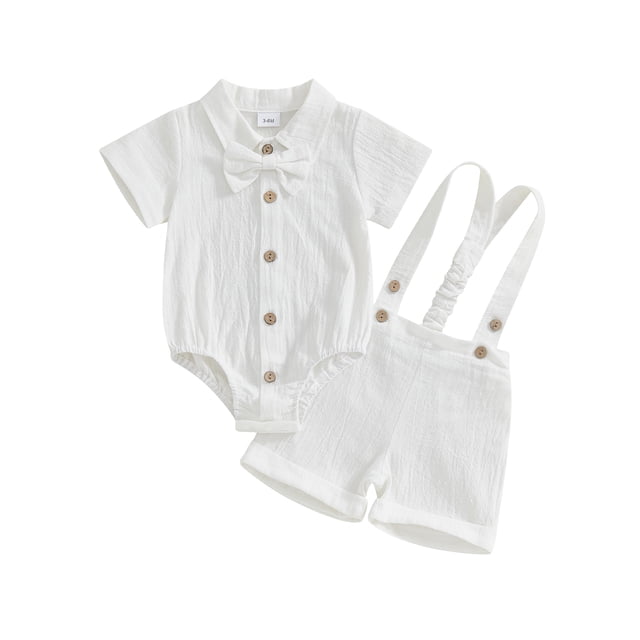 Conjunto de 3 piezas para bebé niño: traje de caballero, color liso, manga corta, cuello con solapa, shorts con tirantes y pajarita.