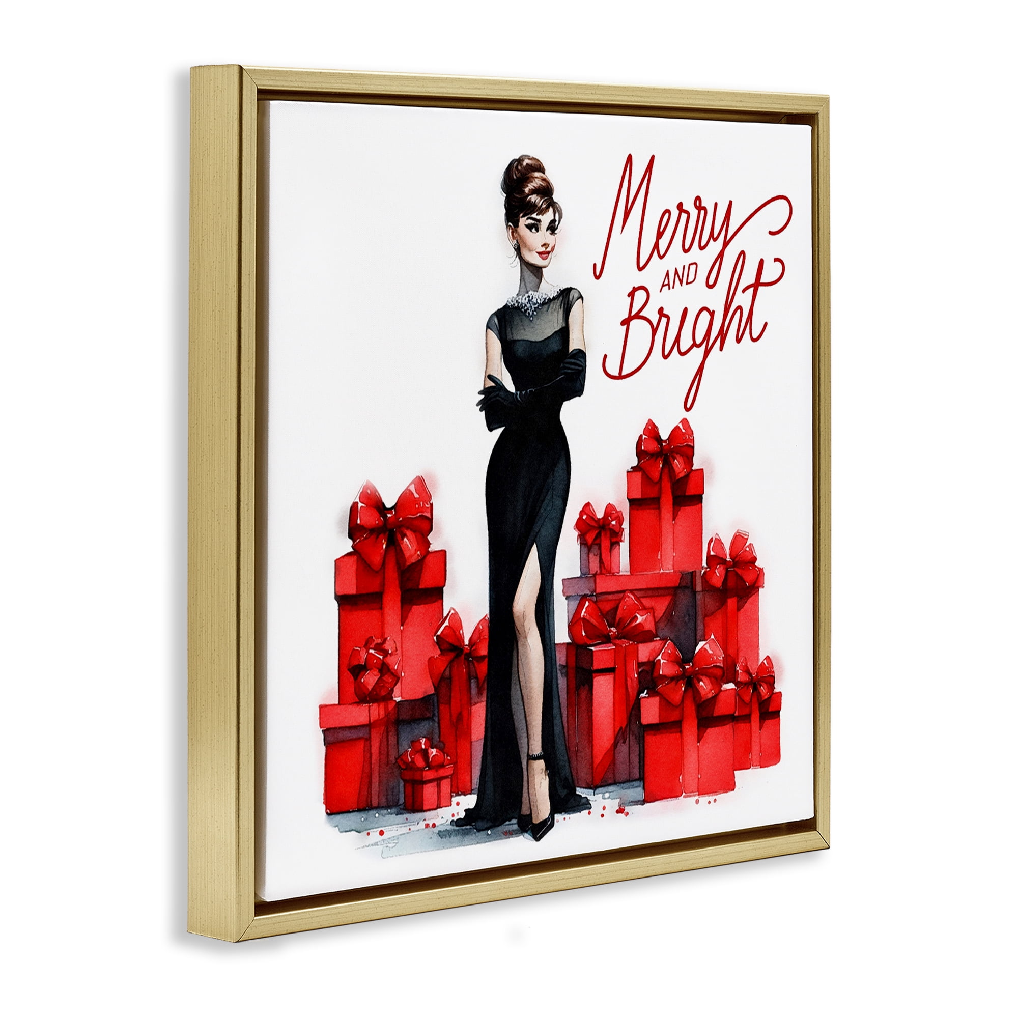 Stupell Industries Glam Merry & Bright Holiday Painting Gold Floater Framed Canvas Art Prints Wall Art, 25 x 25