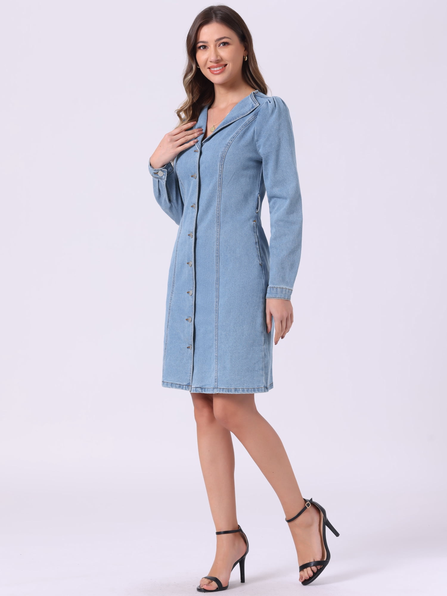 DARING DIVA Notched Lapel Denim Shirt Dress L Light Blue
