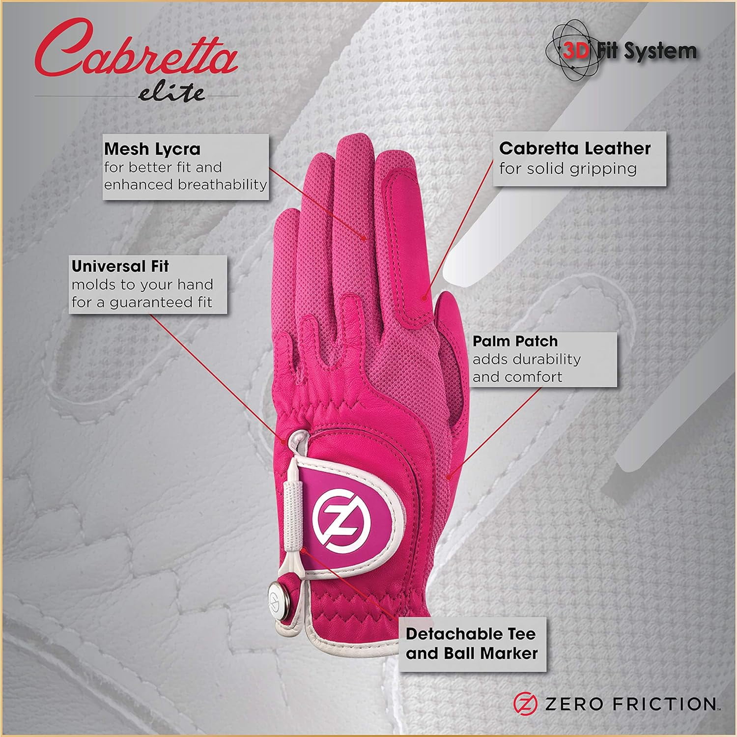Zero Friction Ladies Cabretta Elite Golf Glove, Pink, LH