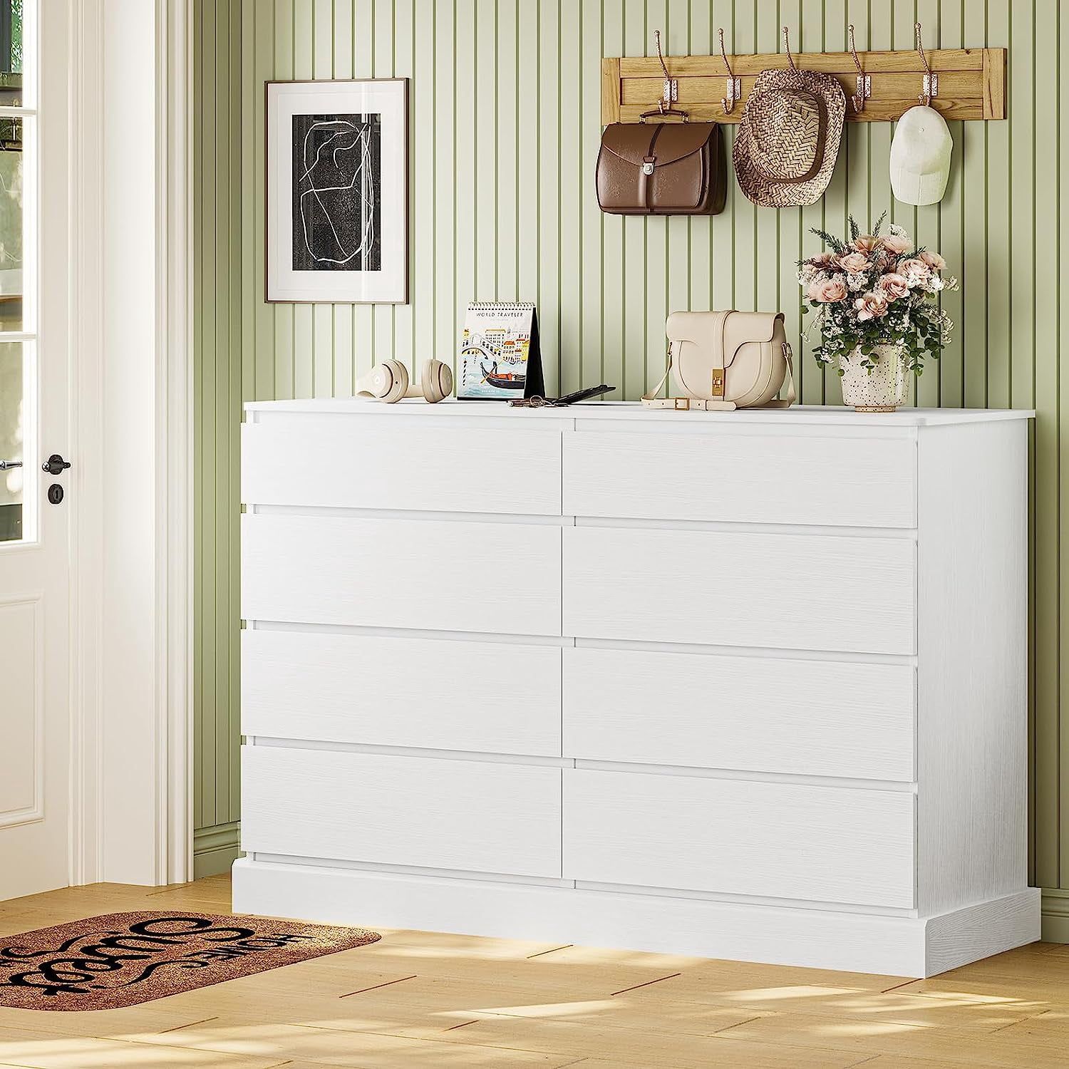 8 Drawers Double Dresser Wooden White Dresser Chest of Drawers for Bedroom,Large Storage Cabinet for Home Living Room