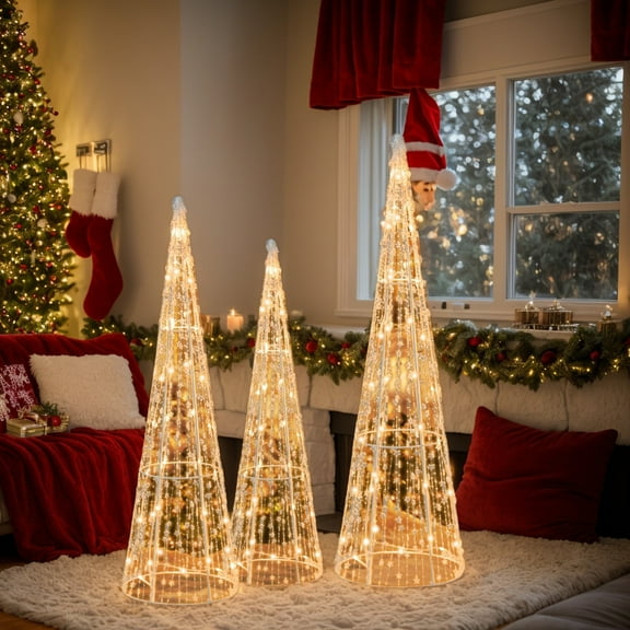YYAo Christmas Decor, Christmas Accessories,Set of 3 Pre-lit Christmas Cone Trees with Star Strings