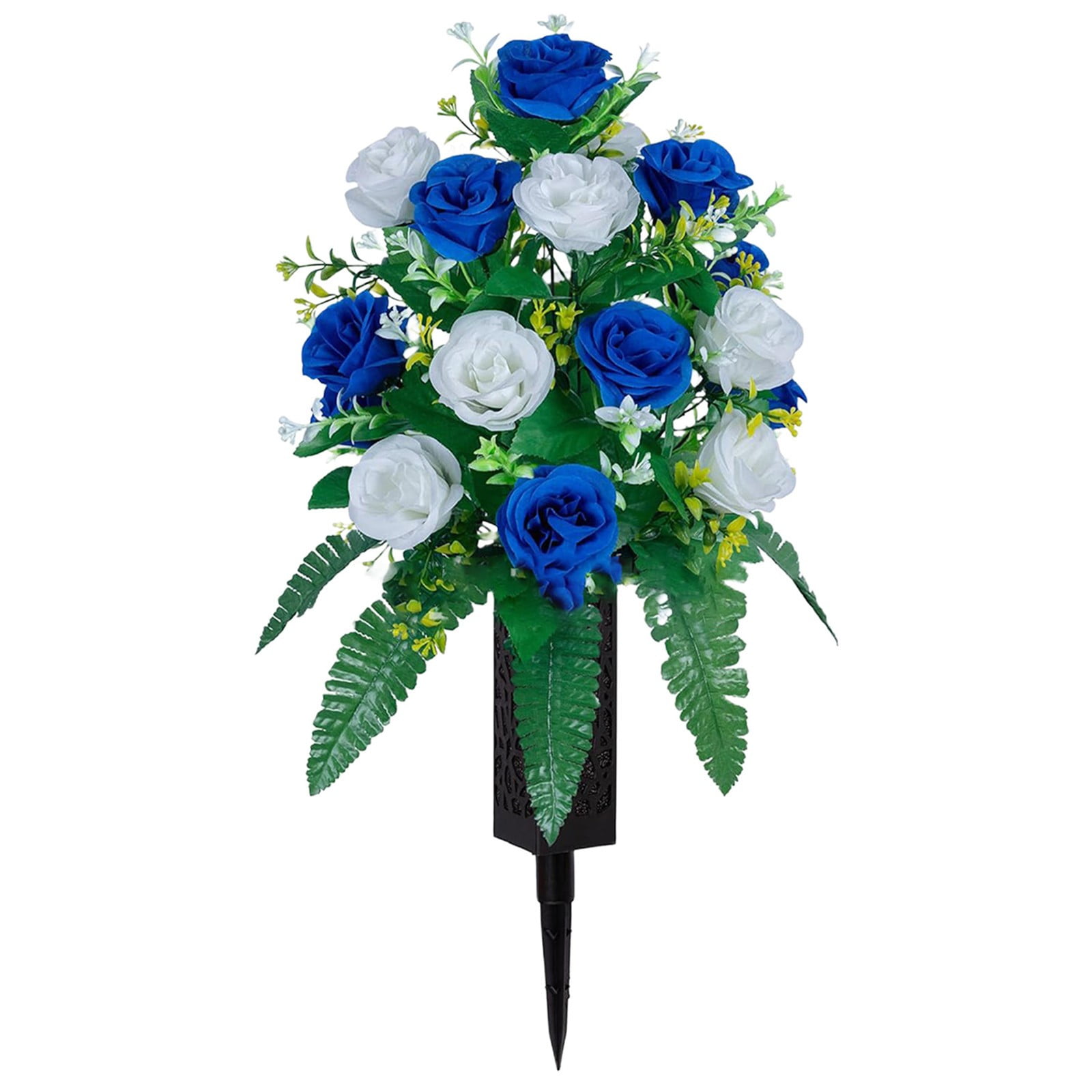 Artificial Cemetery Rose Bouquet with Long Nail Vase Stand, 19.6" Tall Weather-Resistant Memorial Flowers, Faux Cloth Roses with Foam Stability, Long Spike for Gravesite, By Harlik
