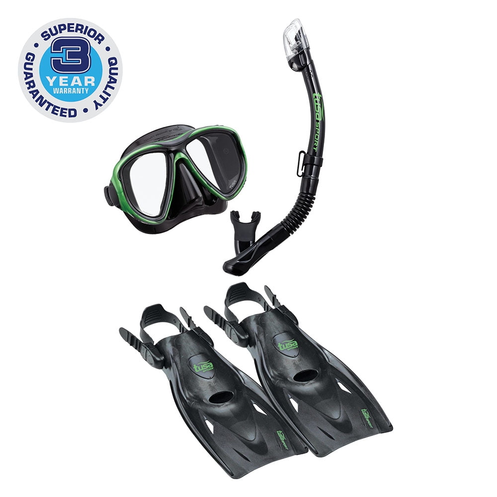TUSA Sport Adult Powerview Mask, Dry Snorkel, and Fin Travel Set