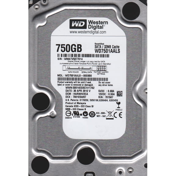 WD7501AALS-00E8B0, DCM HARNHV2CA, Western Digital 750GB SATA 3.5 Hard Drive