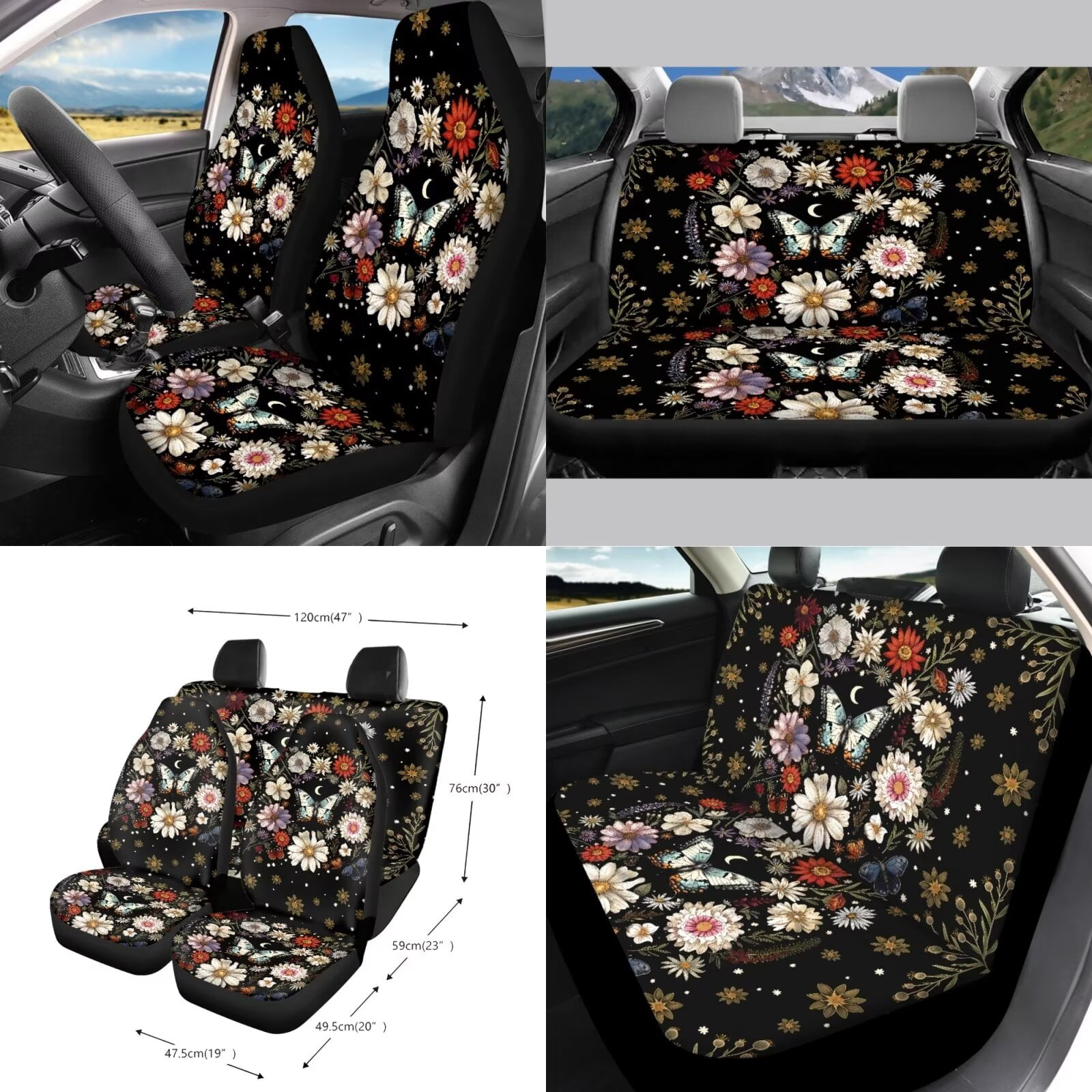KUIFORTI Butterfly Car Seat Covers Butterfly Accessories for Women Steering Wheel Cover/Seatbelt Shoulder Pads/Keychain/Car Trash Bag/Car Vent Storage Organizer/Coasters/Rear View Mirrow Cover