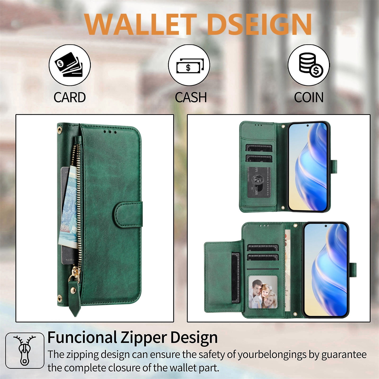 Filp Case for TCL 50 5G Zipper Pocket Magnetic Flip Wallet Phone Case with 7 Card Slots and Wrist Strap