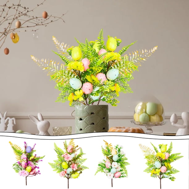 Picos florales de Pascua con huevos artificiales de ramo de huevos, follaje de plástico primaveral, 15,7 pulgadas, amarillo, blanco rosado, púrpura, decoración para el hogar con árbol de corona de