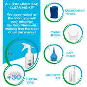 Tilcare Ear Wax Removal Tool, Ear Irrigation Flushing System for Adults & Kids - Perfect Ear Cleaning Kit - Includes Basin, Syringe, Curette Kit, Towel and 30 Disposable Tips