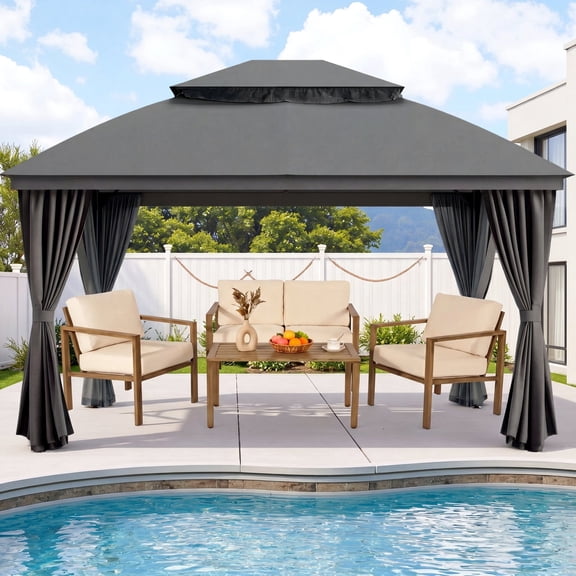 Vitarpatio 10'x13' Outdoor Gazebo with Mosquito Netting and Privacy Curtains, Metal Patio Grill Gazebo Sunshade Canopy Poolside Tent with Ventilated Double Roof, Gray