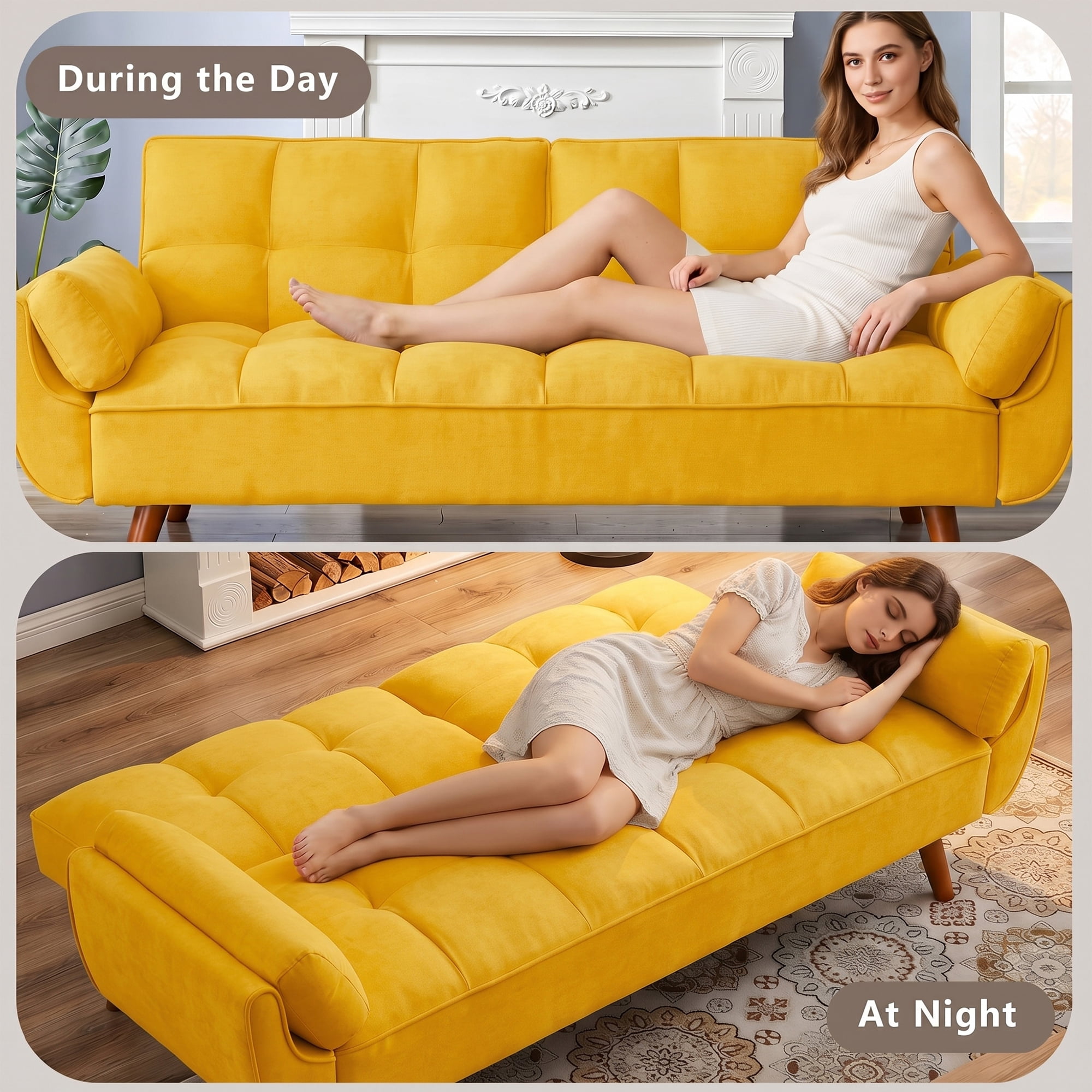 Aukfa 75" Pillow Top Arm Futon Convertible Sofa Bed, Tufted Loveseat Sleeper Couch for Home Office, Linen, Yellow