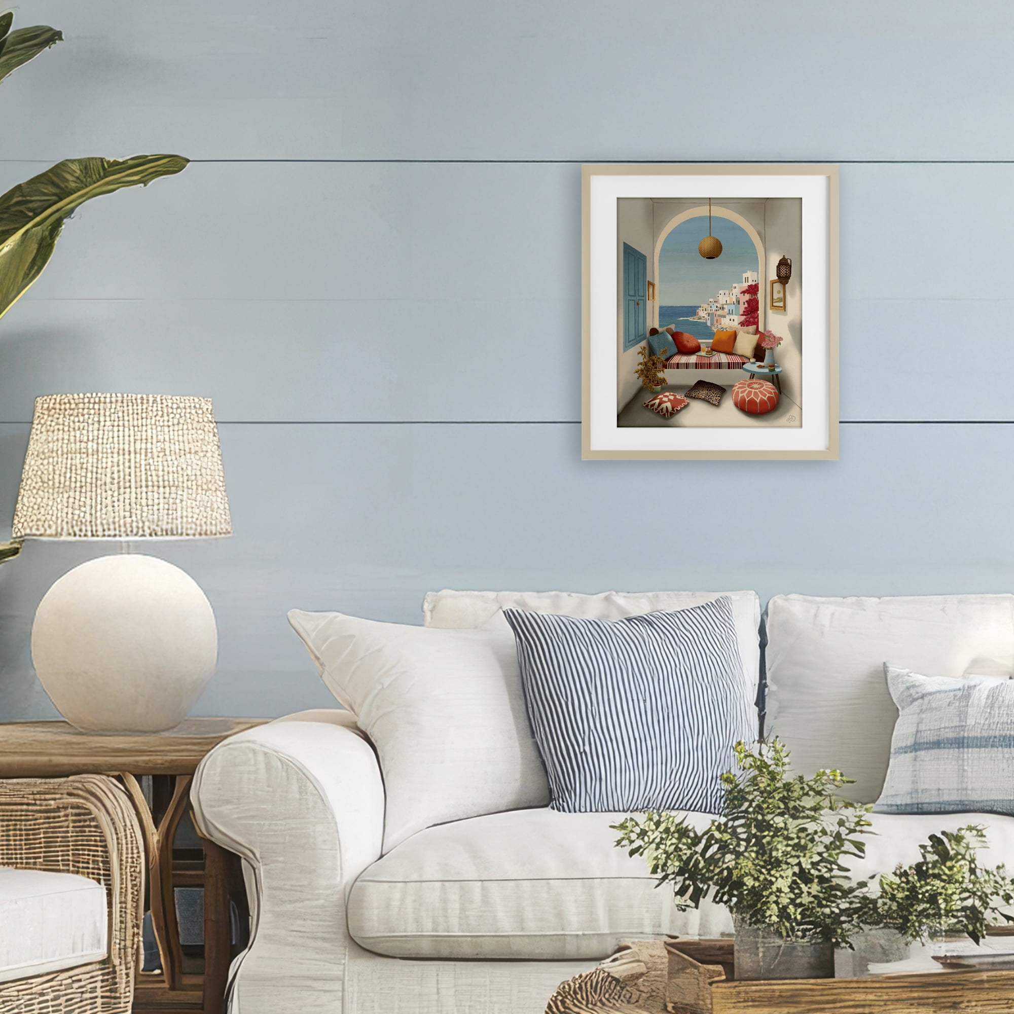 Stupell Industries Mediterranean Seaside Window View Birch Framed Print Under Glass, design by Lisa R Dumm