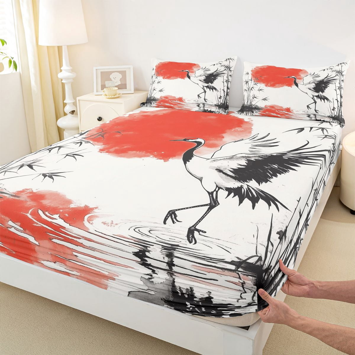 Manfei Ink Red Sun Crane Queen Sheet Sets for Teens, Reed Pond Bed Set, Black Red White 4pcs, 1 Flat Sheet, 1 Fitted Sheet and 2 Pillowcases