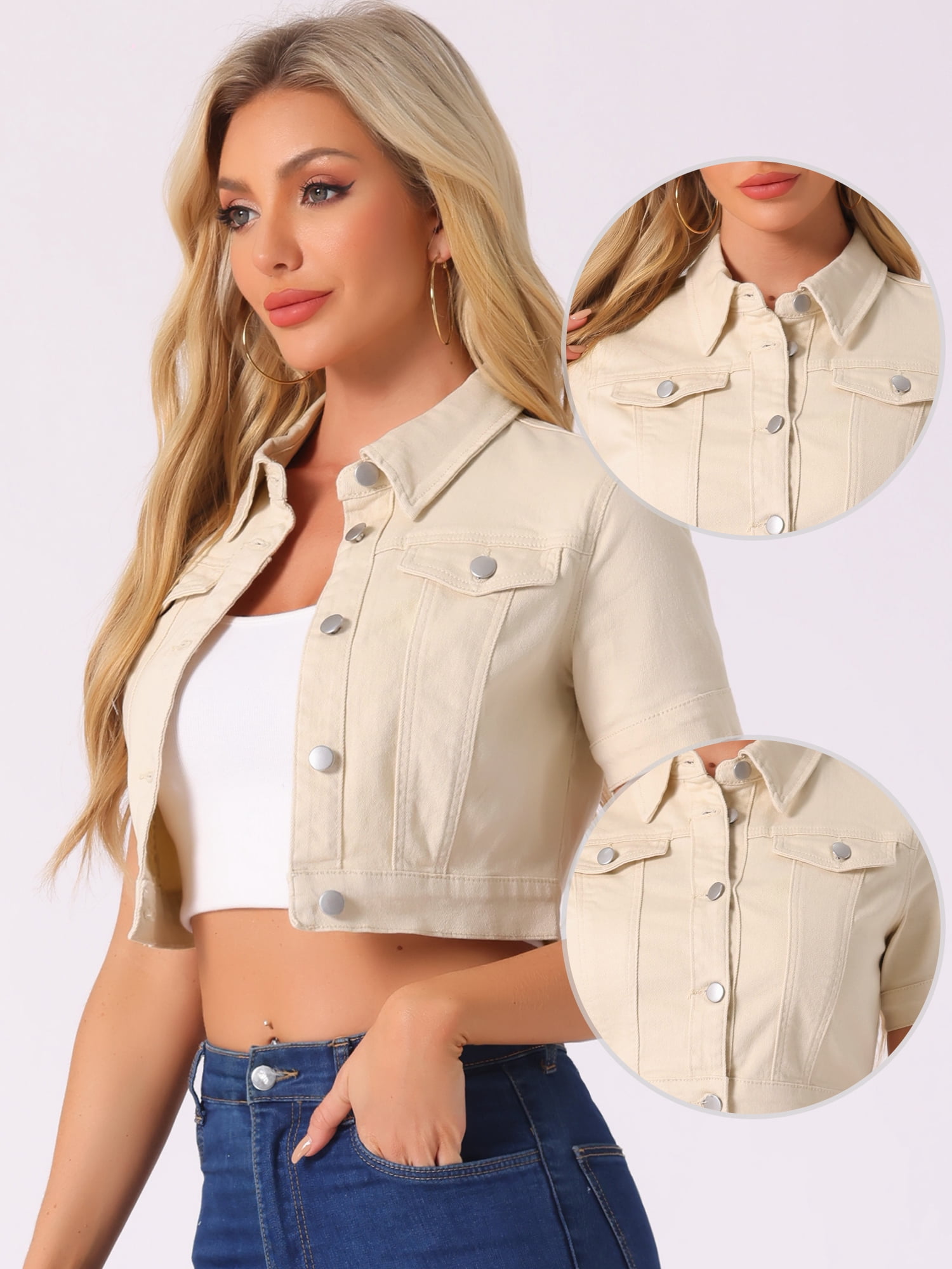 DARING DIVA Women's Short Sleeves Crop Button Down Denim Jacket M Apricot