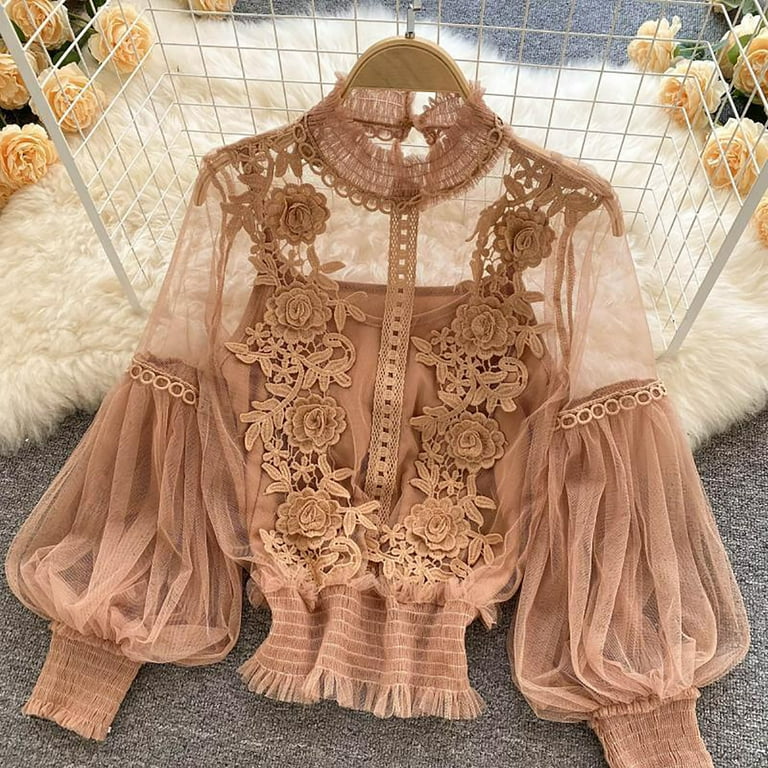 Women's Elegant Lace Shirts, Long Sleeve Casual Flower Lace Mesh