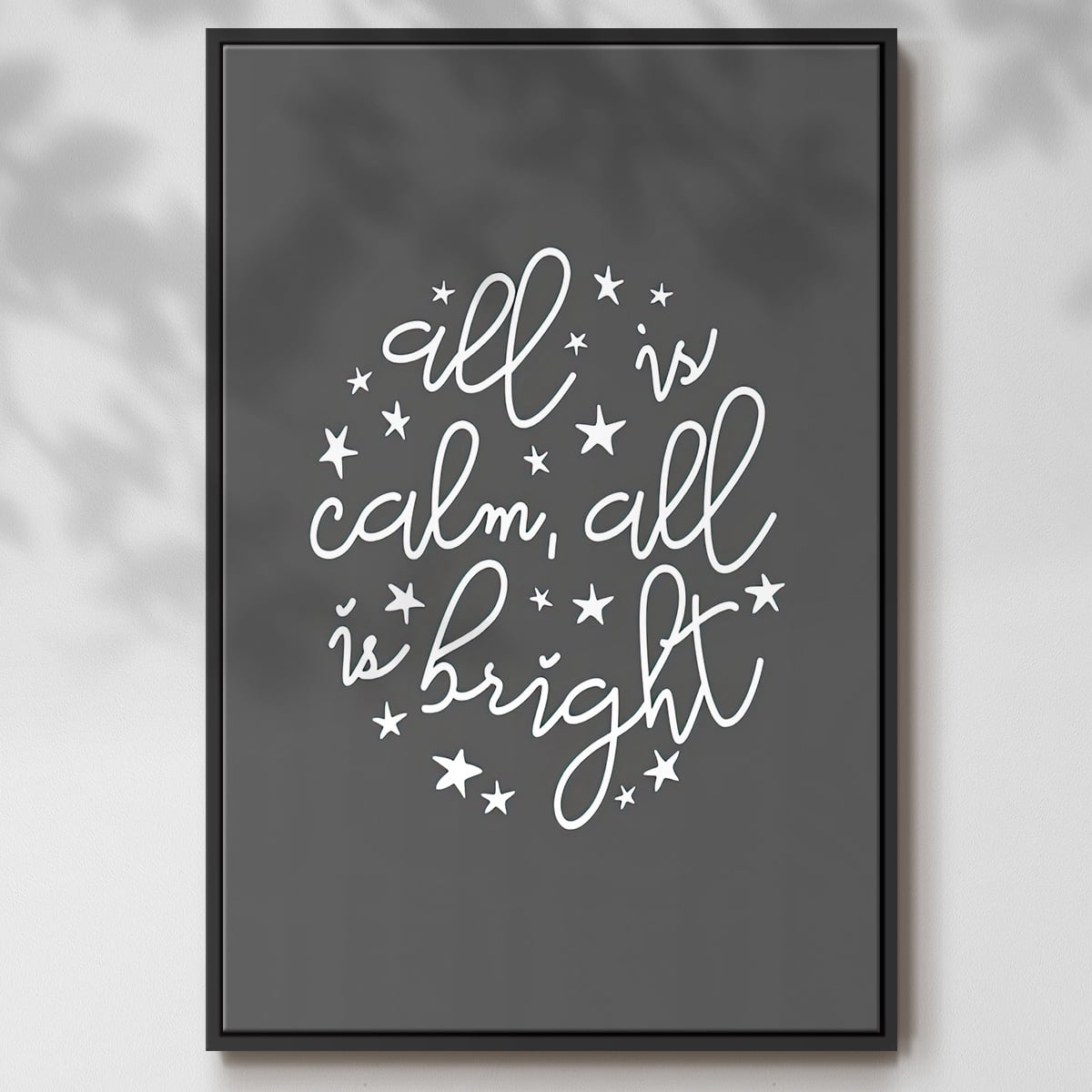 All is Calm, All is Bright - Dark Gray - Framed Gallery Wrapped Holiday Canvas - 17 x 25 - Black Frame