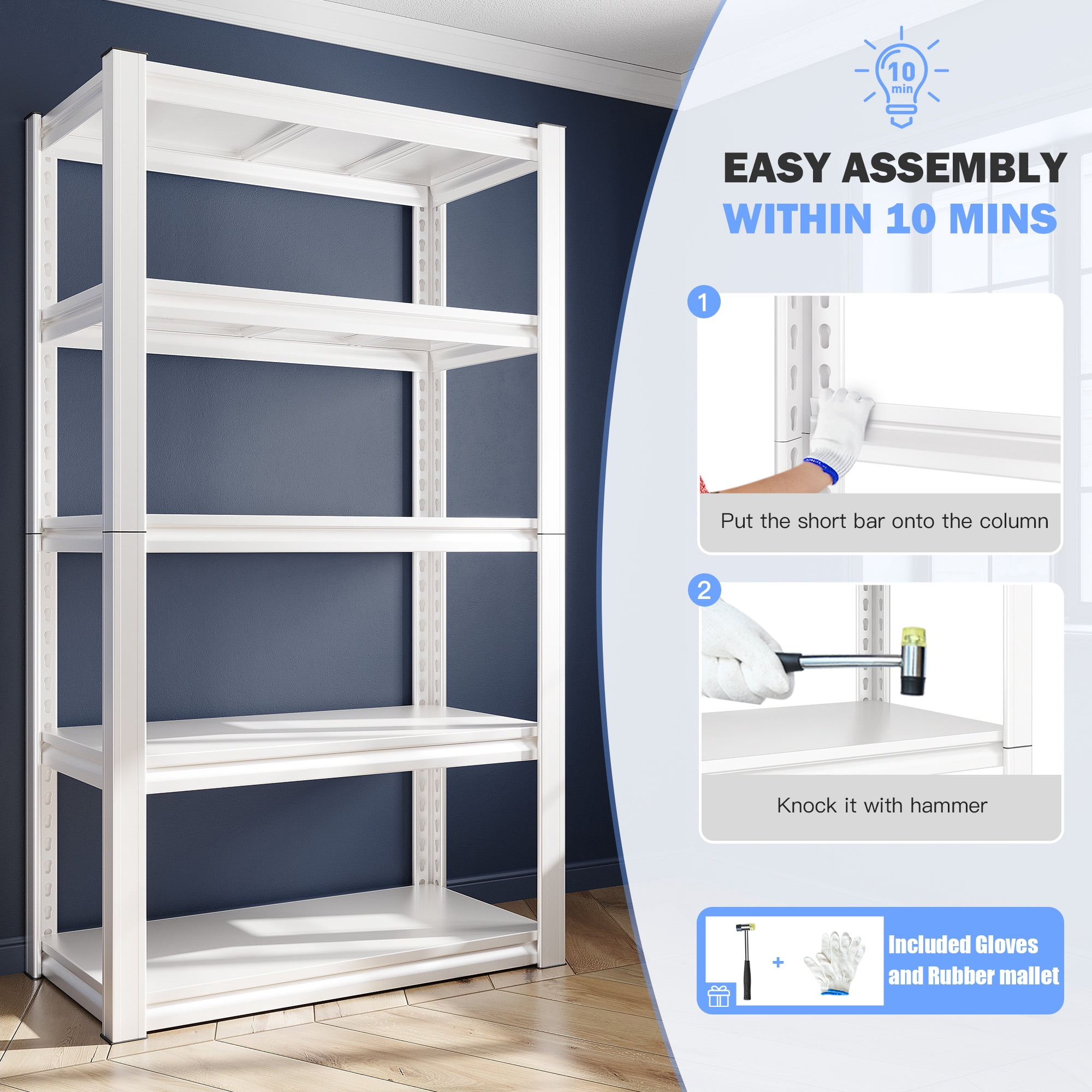 REIBII 72"H Storage Shelves Unit for Garage Heavy Duty 5 Tier Metal Shelving,White