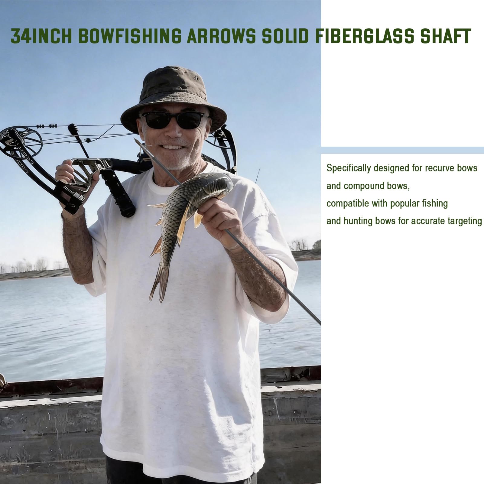 34inch Solid Fiberglass Arrows with Stainless Steel Broadhead 6pcs for Bowfishing and Hunting