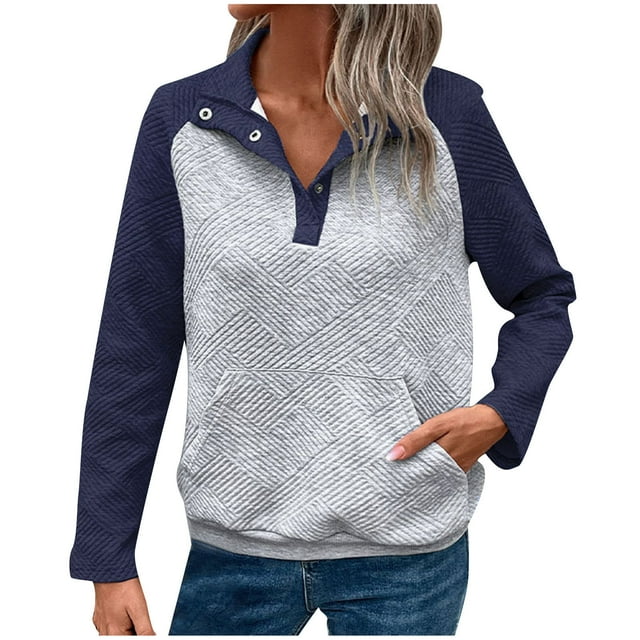 Annhoo Chandails en Molleton d'Automne pour Femmes Manches Longues Amples Demi-Bouton Hauts à Col Rabattu Pull à Blocs de Couleur Tendance