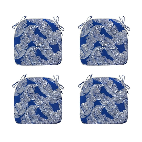 FBTS Prime Outdoor Seat Pads Blue Leaves Set of 4 Patio Seat Cushions with Ties 16x17 Inch U-Shape Chair Cushions