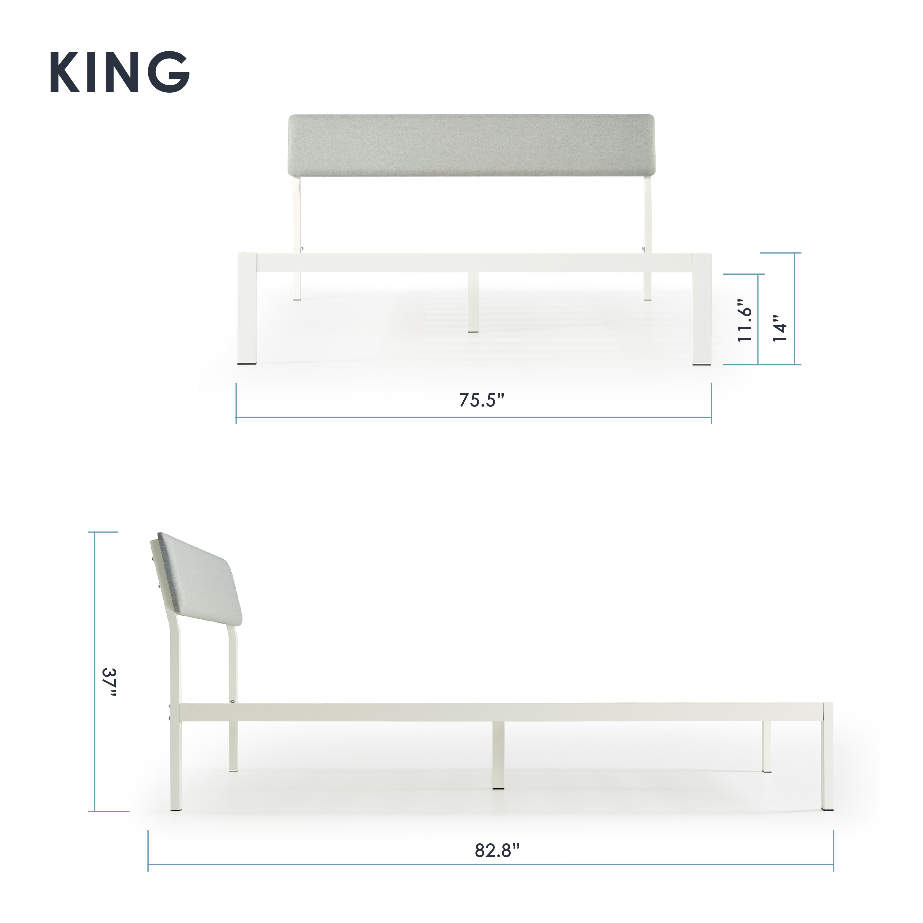 Mellow Kera Metal Platform Bed with Angled Upholstered Headboard, Solid Wooden Slats, Sky Gray, King