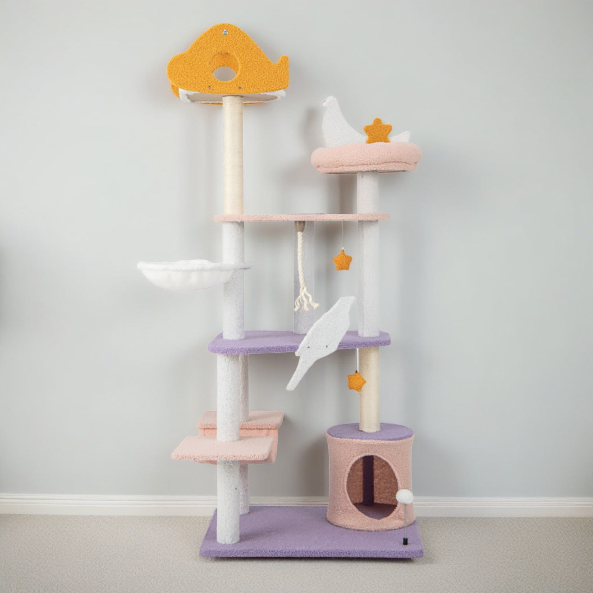 Kadyn 66" Cute Cat Tree Tower for Indoor Cats, Moon and Star Cat Condo with Sisal Scratching Posts, Plush Perches, Kitten Cat Tree Tower Activity Center, Purple