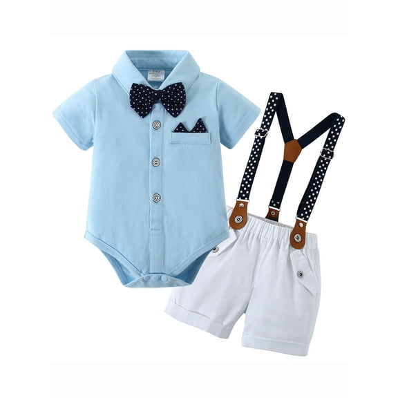 CARETOO Baby Boy Clothes Suit Romper Shirt Solid Color Shorts Suspender Pants Formal Set 0-18 Months