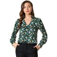 thumbnail image 1 of Allegra K Camisa de blusa retro lisa con cuello en V floral con cuello en V para mujer Verde XL, 1 of 6