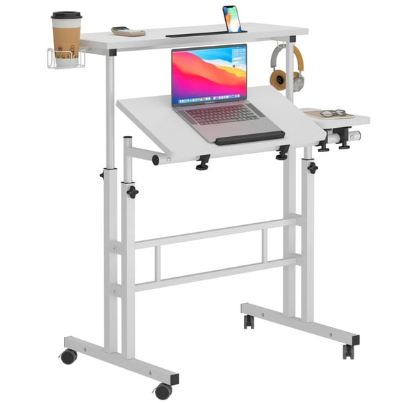 sogesfurniture Mobile Standing Desk Adjustable Height, Portable Computer Desk for Home Office,Rolling Desk for Laptop with Removable Cup Holder, Laptop Cart for Standing or Sitting,White