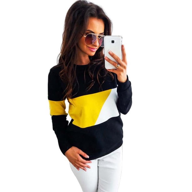 Sudadera De Manga Larga Con Empalme De Color Para Mujer (Amarillo S) Tmvgtek Mujer