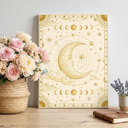 Ochre Lunar Phase Canvas Wall Art for Living Room Dreamy Bronze North Star Magic Divination Poster Print Painting for Desk Vanity Narrow Stair Wall Decoration Wall Pictures Prepare To Hang 8 x10